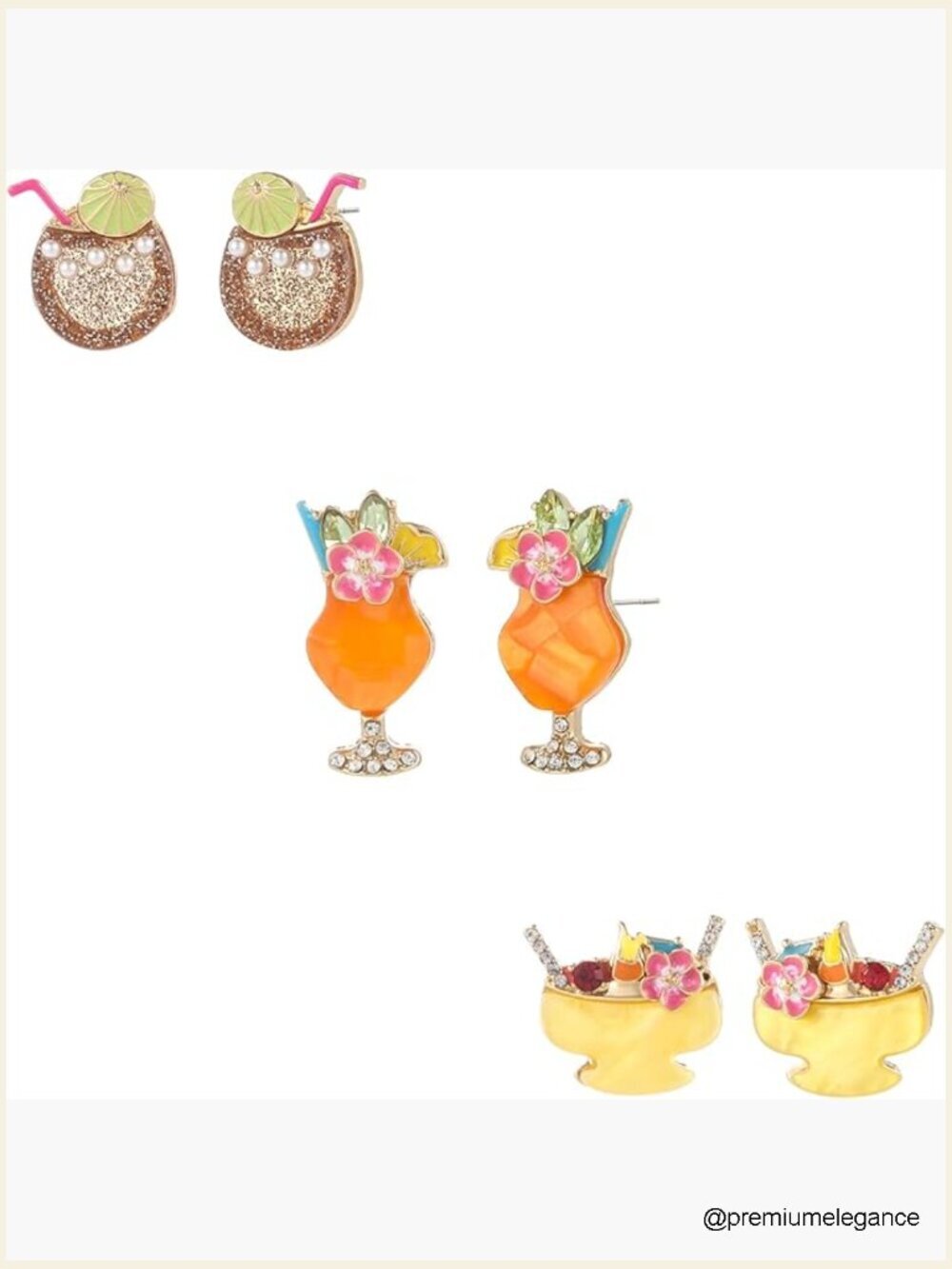 3 Pairs Fun Drink Stud Earrings Tropical Cocktail Party Set